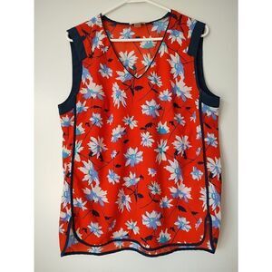 Dalia Women's Size Large Orange Blue Sleeveless V Neck Rounded Hem Blouse Top